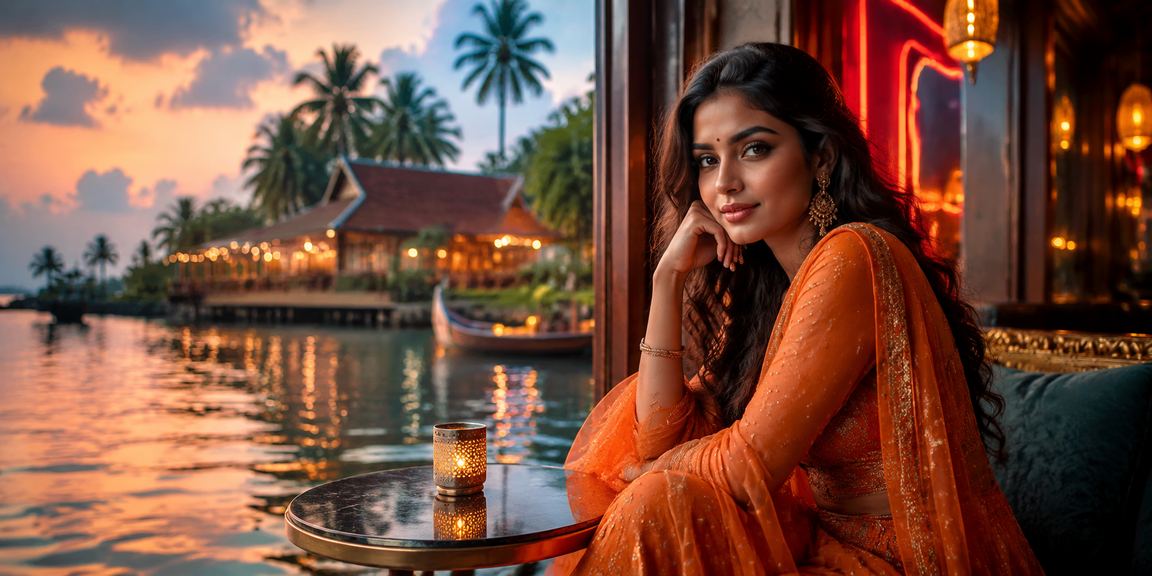Elegant woman playing baccarat in Bollywood themed casino